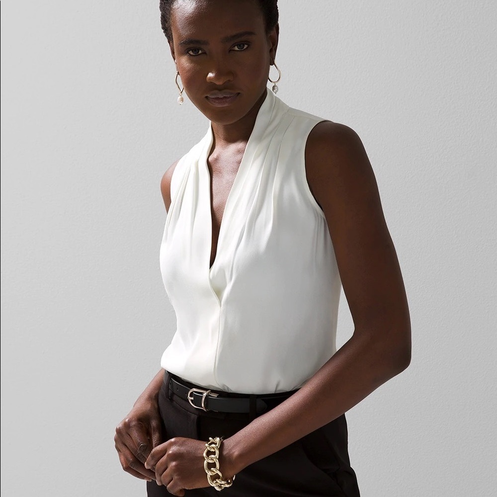 NWT White House Black Market Ecru Pleated V-Neck Shell